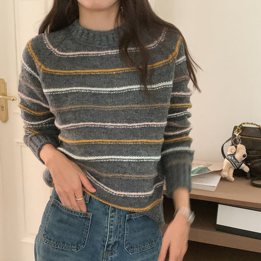 Colorful Striped Soft Glutinous Knitted Round Neck Pullover All-matching Long Sleeve Sweater