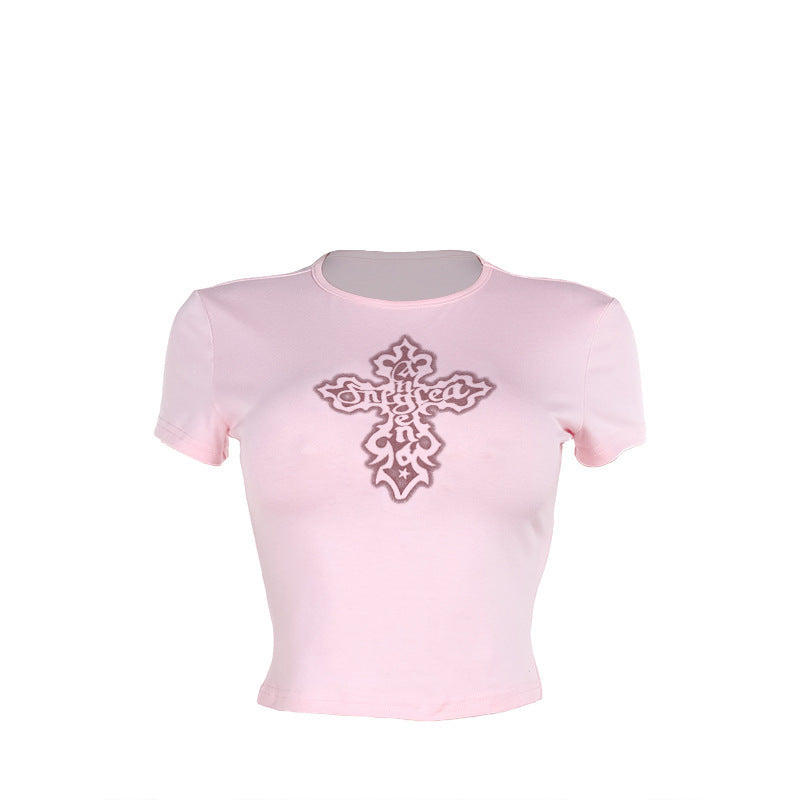 Summer Women's Cross Printed Short-sleeved Top T-shirt